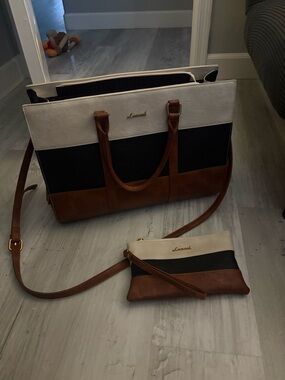 Lancaster Tri‑Tone Leather Tote in White, Black & Brown